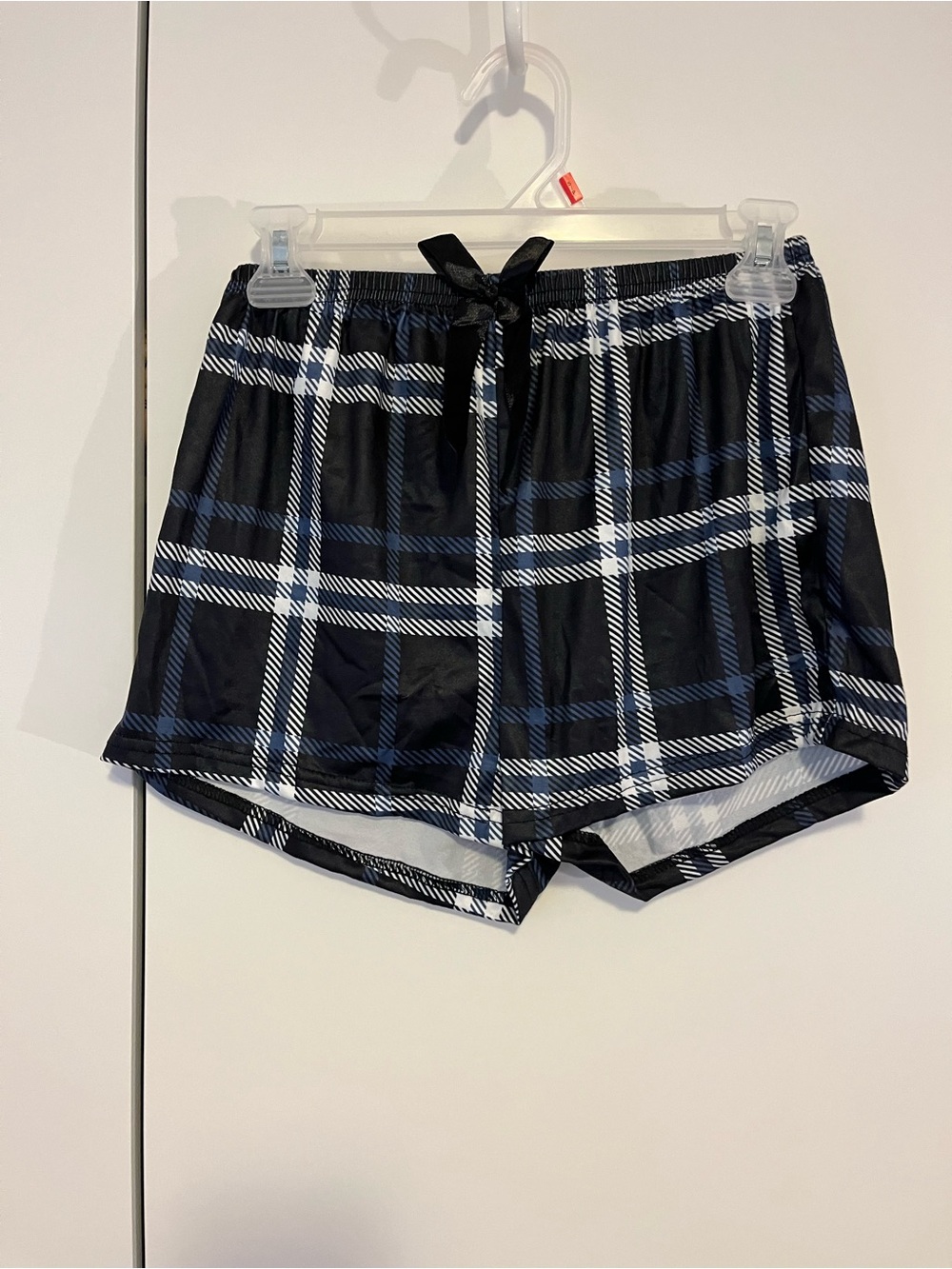 SHEIN Black and White Plaid Satin Pajama Shorts